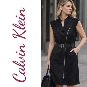 Calvin Klein Black Sleeveless Belted Dress Asym Zip Minimalist Y2K, Size‎ M